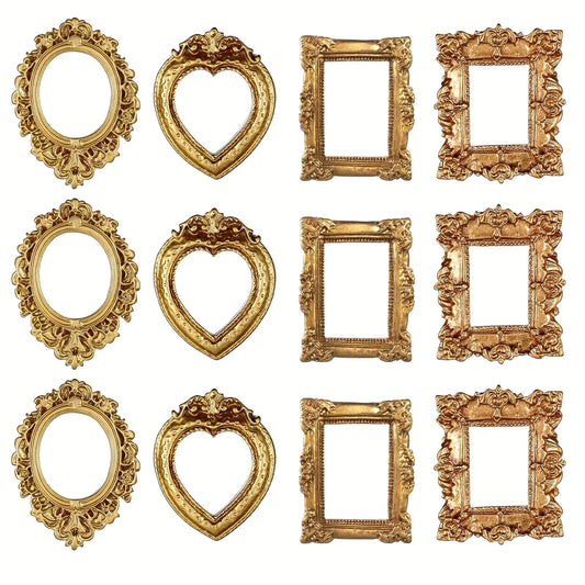 12pcs Vintage Mini Picture Frames Elegant Golden Tone Baroque Resin Wall Mounted Display Cases Wedding Christmas Home Decor