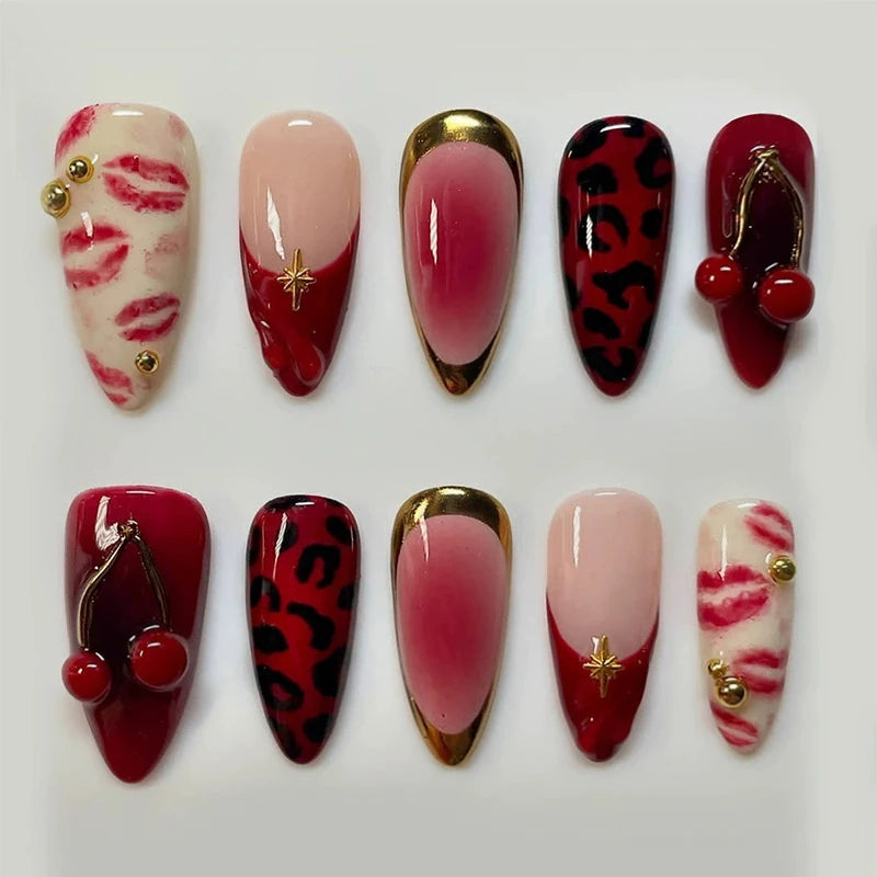 24Pcs Short Round Almond Lovely False Nails Full Cover Fresh Cartoon Fruit Pattern Designs Wearing Nails Art French Summer Na