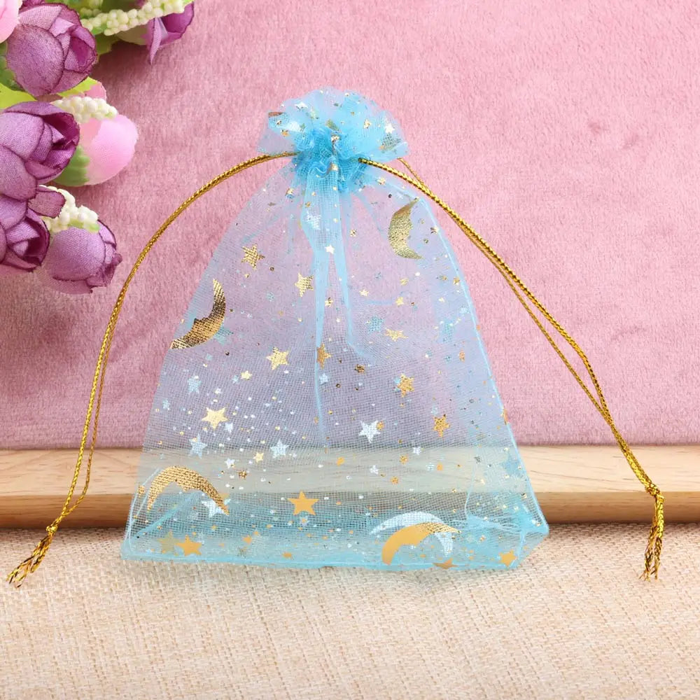 25/50pcs 7x9/9x12/10x15/13x18cm Star Moon Organza Gift Bags Mini Sachet Gold Color Drawstring Bag Jewelry Packaging Pouches
