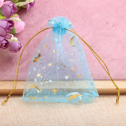 25/50pcs 7x9/9x12/10x15/13x18cm Star Moon Organza Gift Bags Mini Sachet Gold Color Drawstring Bag Jewelry Packaging Pouches