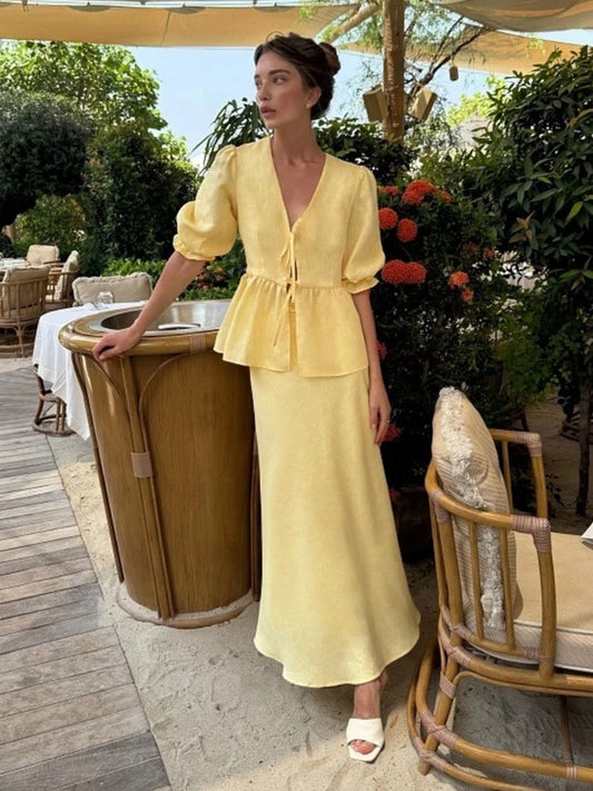 Bornladies 2025 Summer Women's 100% Cotton V-Neck Lace-Up Bubble Sleeve Shirt Long Skirt Set Loose Casual Two-Piece Suit