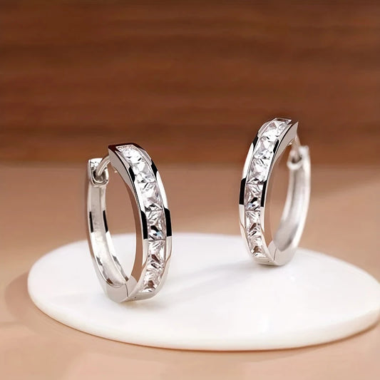 Huitan Classic Design Women Hoop Earrings Full with Princess Square CZ Simple and Elegant Female Accessories Versatile Jewelr
