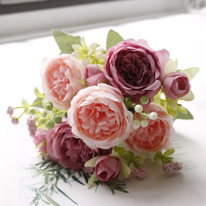 1pcs/30cm Rose Pink Silk Bouquet Peony Artificial Flower 5 Big Head 4 Small Bud Bride Wedding Home Decoration Artifi - 16