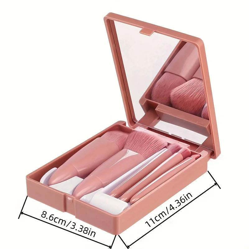 5Pcs Portable Makeup Brush Set With Mirror - Foldable Travel Kit ，Mini Makeup Brush Set Travel Makeup Brush Set
