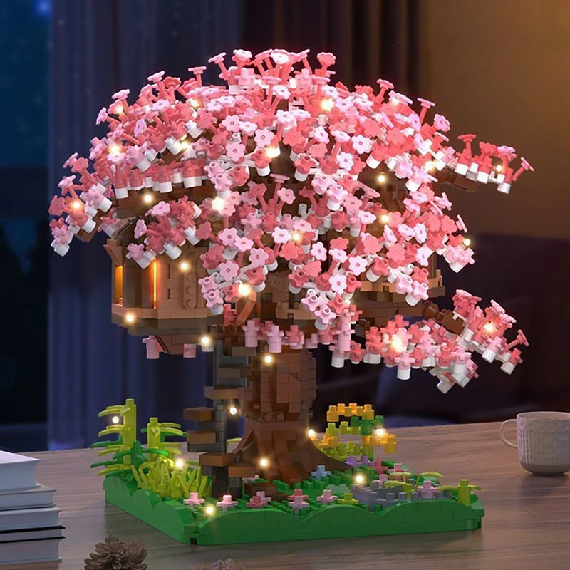 Sakura Tree Micro Blocks with LED Lights - Cherry Blossom Treehouse Model, 3D Romantic Night Glow Decor, Thoughtful Gift for 