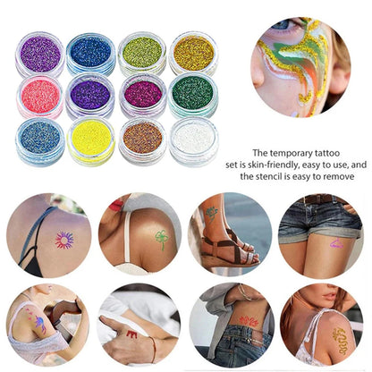 12 Color Temporary Glitter Tattoo Kit with 24 Stencils 4 Luminous Tattoo Stickers Arts Glitter Make Up Christmas Holiday Gift