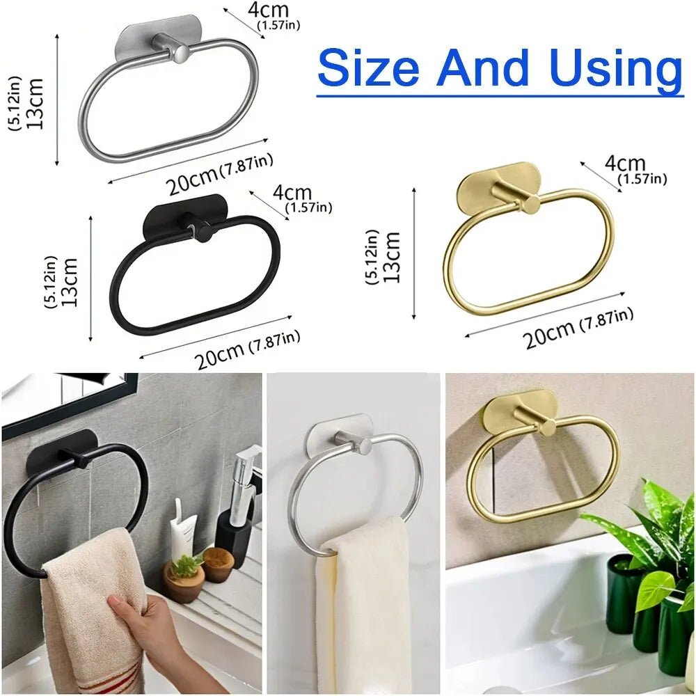 Stainless Steel Towel Holder Self-adhesive Bathroom Towels Rack Black Washhand Hanger Ring Rail Bar Kitchen Storage Accessori