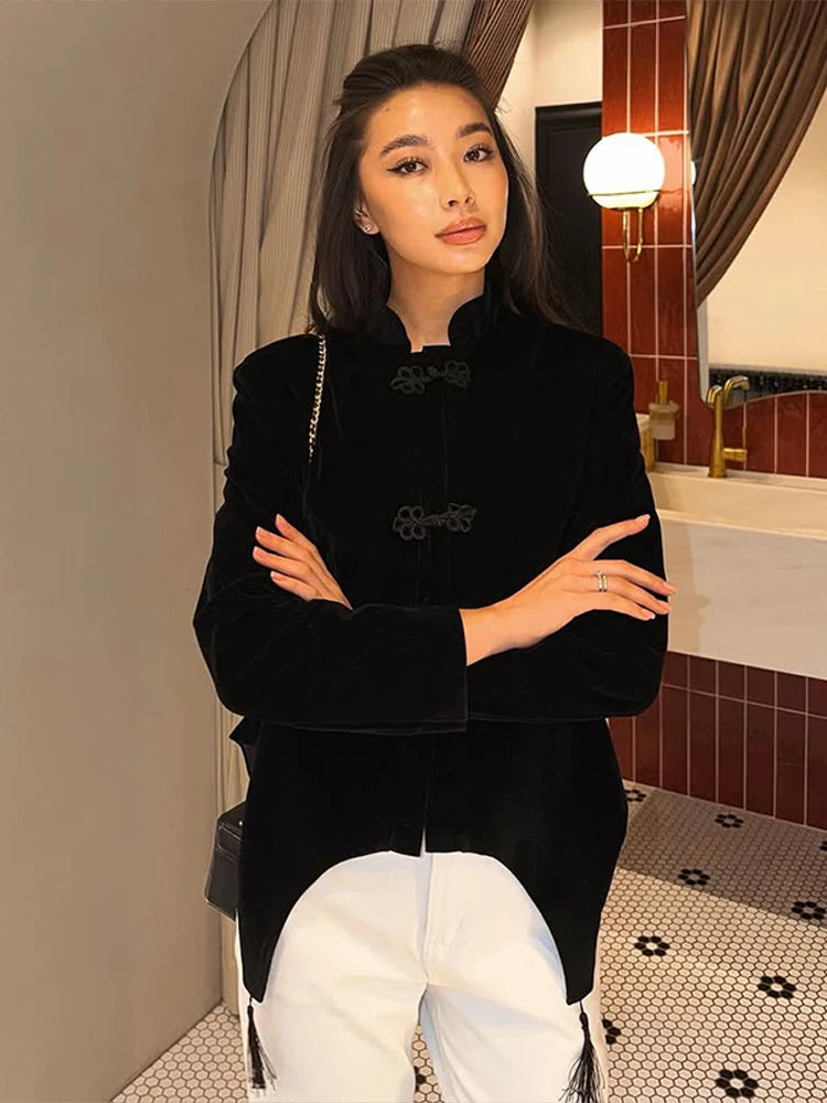 Frog Closure Velvet Tassel Jacket Slim Long Sleeve Mandarin Collar 2026 Spring Fashion Elegant Women Outerwear Chic Lady Coat