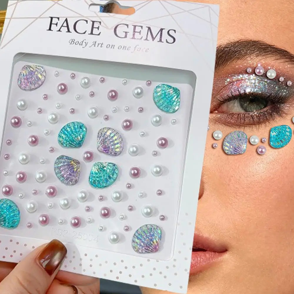 1Sheet 3D Dreamy Shell Pearl Gems Face Stickers Sparkling Mermaid Diamond Temporary Tattoos DIY Body Art Stage Makeup Rhinest