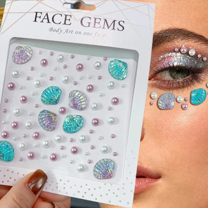 1Sheet 3D Dreamy Shell Pearl Gems Face Stickers Sparkling Mermaid Diamond Temporary Tattoos DIY Body Art Stage Makeup Rhinest