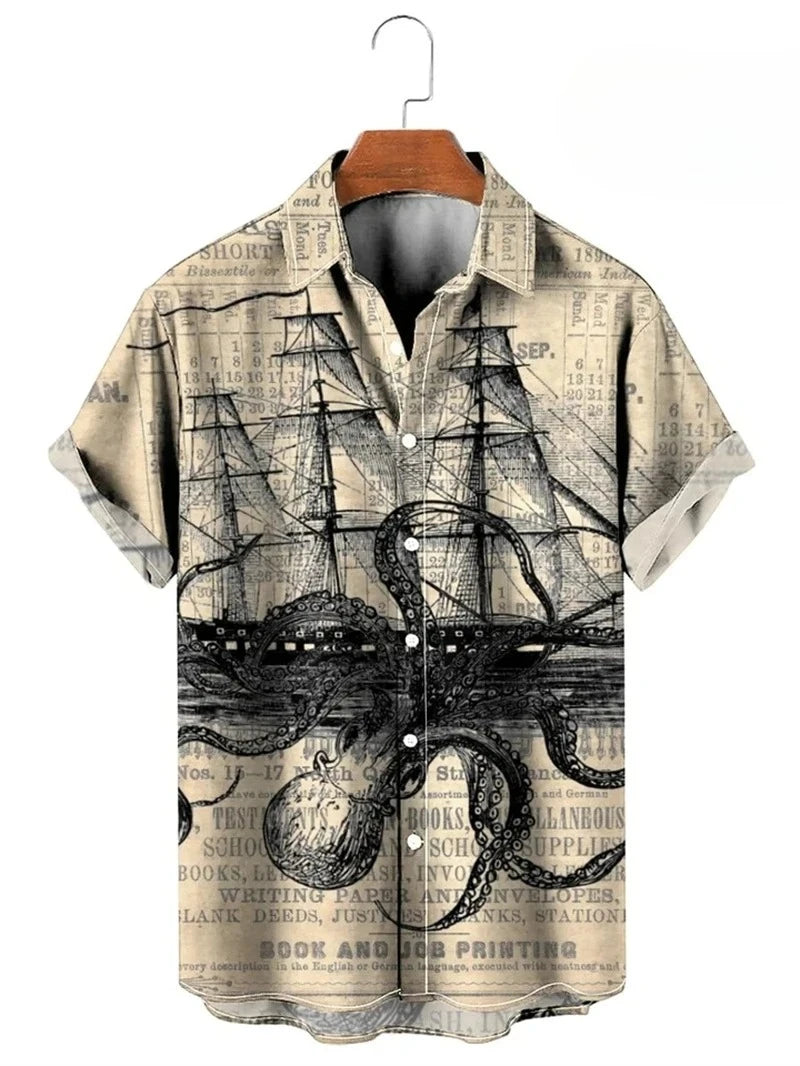 Vintage Button Up Shirt Man 3d Map Printed Short Sleeve Hawaiian Shirt Lapel Men's Clothing Casual Fashion Tops Oversized Tsh
