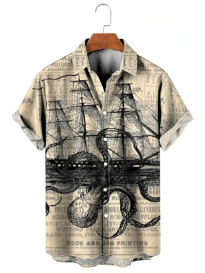Vintage Button Up Shirt Man 3d Map Printed Short Sleeve Hawaiian Shirt Lapel Men's Clothing Casual Fashion Tops Oversized Tsh