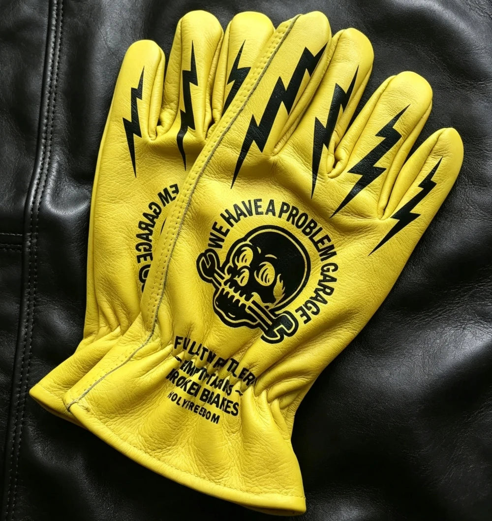 Vintage Skull Print Leather Motorcycle Gloves Multi-Purpose for Gardening Camping Riding Outdoor Use Cowhide Leather Work Glo