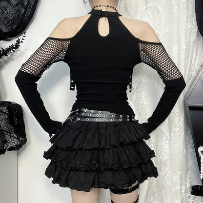 Goth Dark Punk Grunge Fishnet Patchwork Off Shoulder T-shirts Trim Corn Strap Halter Tops Autumn Mall Gothic Streetwear T-shi