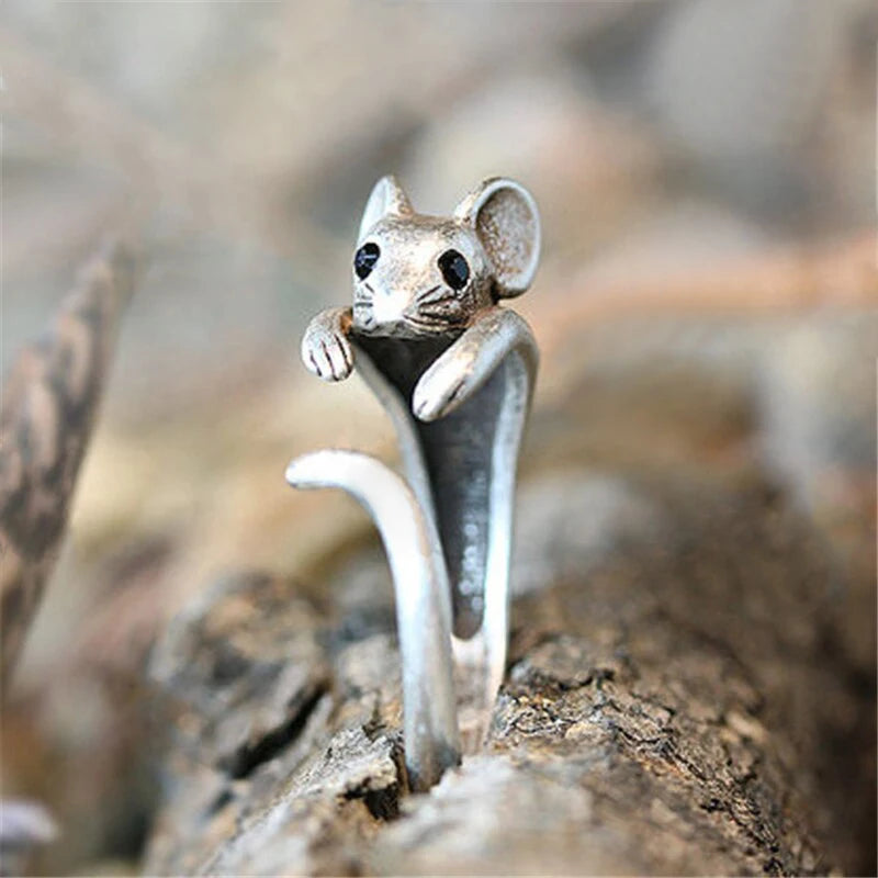 Huitan Vintage Mouse Animal Finger Ring for Women Antique Silver Color Gothic Knuckle Rings Fancy Gift 2023 Hot Jewelry