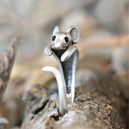Huitan Vintage Mouse Animal Finger Ring for Women Antique Silver Color Gothic Knuckle Rings Fancy Gift 2023 Hot Jewelry