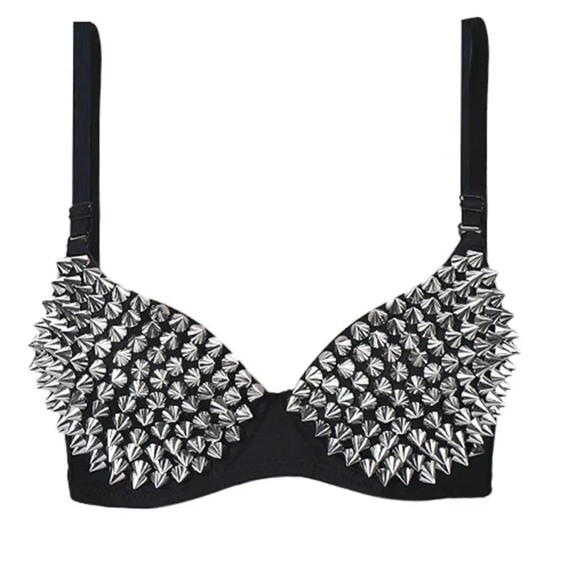 Sexy Rivets Punk Lingerie Underwear,Fashion Metallic Flash Rivet Bra with Wire Free for Women,Nightclub Party Bar Hot Bras