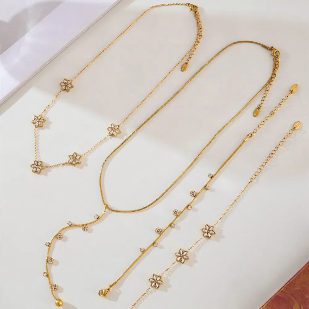 Lariat Y Necklace Matching Bracelet In Stainless Steel 18k Gold Plated With Zircon Flower Chain Necklaces Bracelets For Women