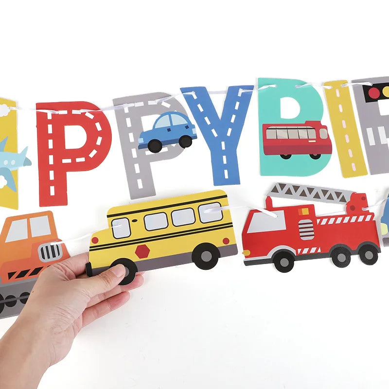 Cartoon Car Happy Birthday Banner Kids Boys Construction Vehicle Garland Birthday Party Decoration Favors Baby Shower Supplie