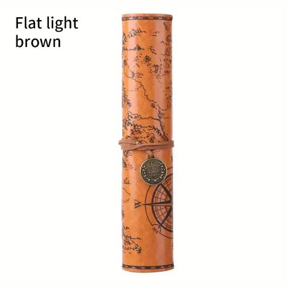 Vintage Treasure Map Roll Pencil Case – Large Capacity Leather Stationery Bag with Embossed Buckle