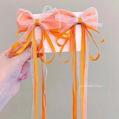 1 Pair Fashion Fairy Ribbon Bow Hairpins For Kids Long Ribbon Hair Clip Barrettes Headband Headdress Girls Hair Accessories -