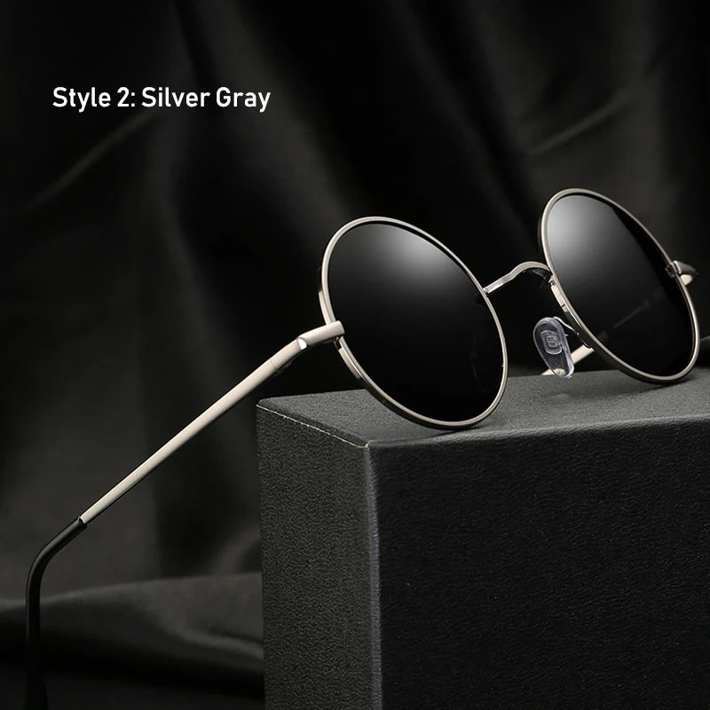 Retro Vintage Round Polarized Sunglasses Men Brand Designer Sun Glasses Women Alloy Metal Frame Black Lens Eyewear Driving UV
