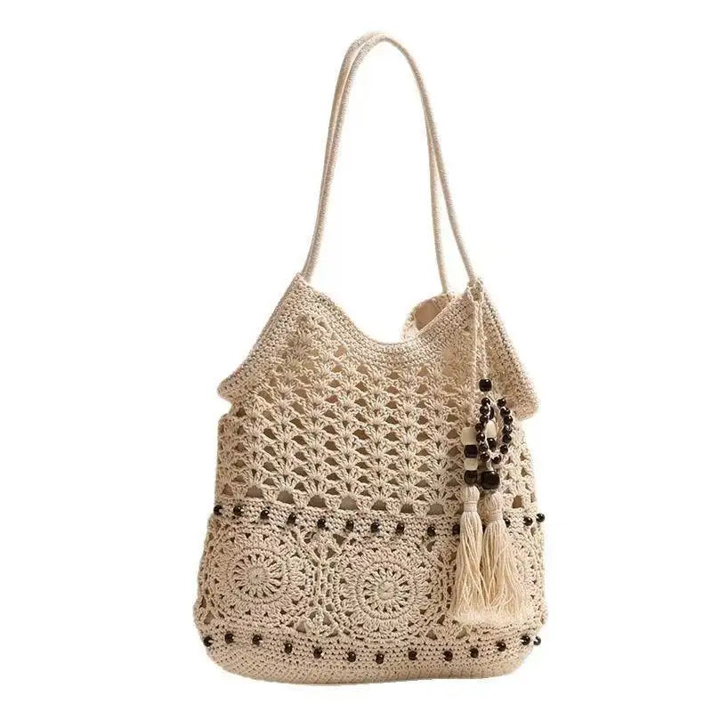 Crochet Tote Bag, White Openwork Knit Purse, Bead Fringe Charm, Adjustable Long Straps, Boho Beach Bag, Summer Market Tote, W