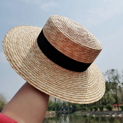 Boater Straw Hat wide brim French elegant square ribbon women's sun hat holiday straw hat 모자 햇빛 가리개