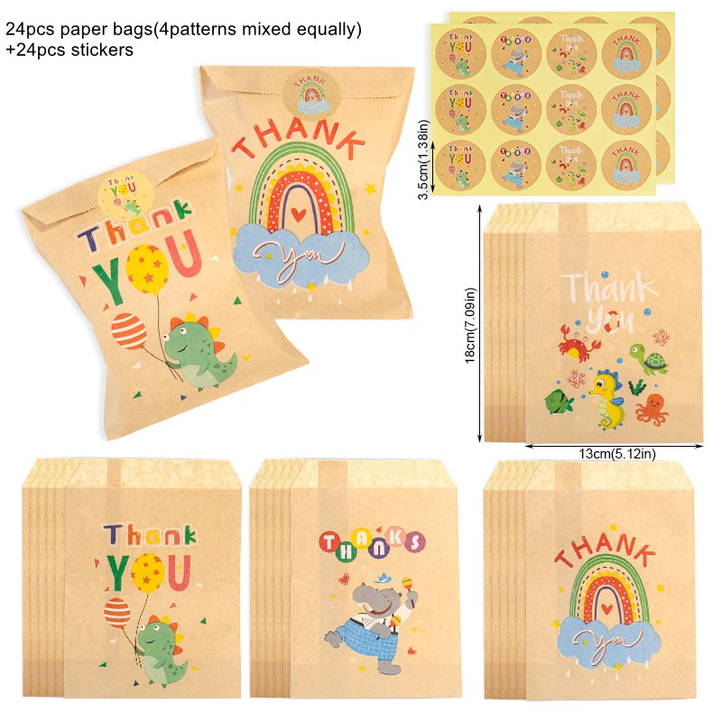 24Sets Thank You Kraft Paper Bags Cute Rainbow Dino Happy Birthday Gift Pouch Retro Flower Party Favor Bag Candy Cookie Suppl