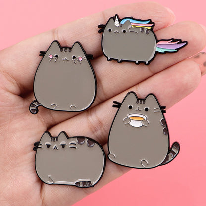 Cute Grey Fat Cat Enamel Pin Metal Cartoon Brooch Backpack Hat Bag Collar Lapel Badges Men Women Fashion Jewelry Collection G