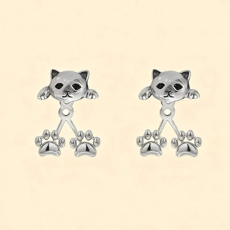 Vintage Funny Silver Color Cat Earring for Women Cute Animal Kitten Back Hanging Earrings Party Banquet Piercing Jewelry