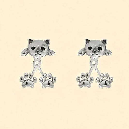 Vintage Funny Silver Color Cat Earring for Women Cute Animal Kitten Back Hanging Earrings Party Banquet Piercing Jewelry