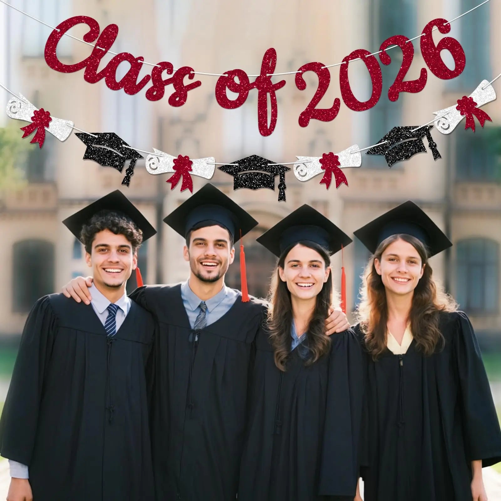 Glitter Gold/Blue/Purple/Red Class of 2026 Banner Graduation Sign with Grad Cap Garland for 2026 Graduation Party Decorations