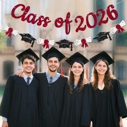 Glitter Gold/Blue/Purple/Red Class of 2026 Banner Graduation Sign with Grad Cap Garland for 2026 Graduation Party Decorations