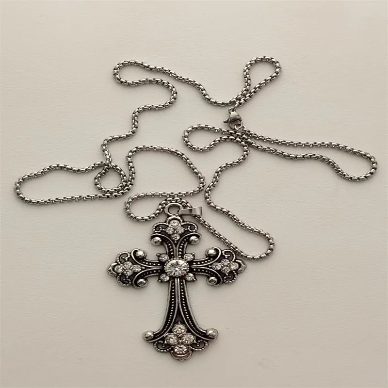 Vintage Cross Pendant Necklace Unisex Versatile Simple Long Sweater Chain Hip Hop Accessory
