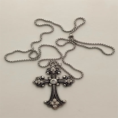 Vintage Cross Pendant Necklace Unisex Versatile Simple Long Sweater Chain Hip Hop Accessory
