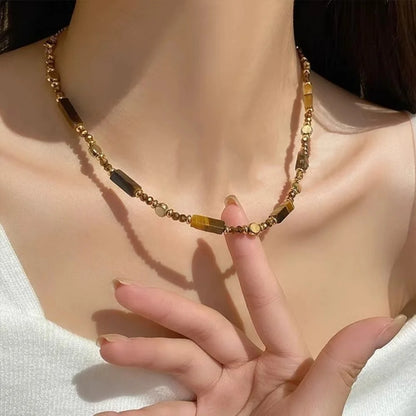 Alloy double-layer collarbone chain set jewelry retro temperament layered tiger eye stone pendant necklace for women