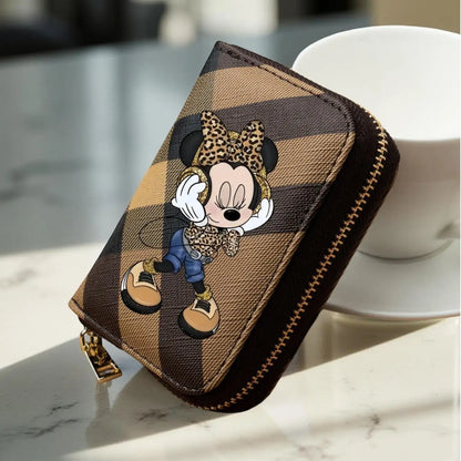 Minnie Plaid Pattern Wallet – Short PU Leather Zipper Coin Purse with Leopard Outfit Print & Card Slots for Women, 3 Colors -
