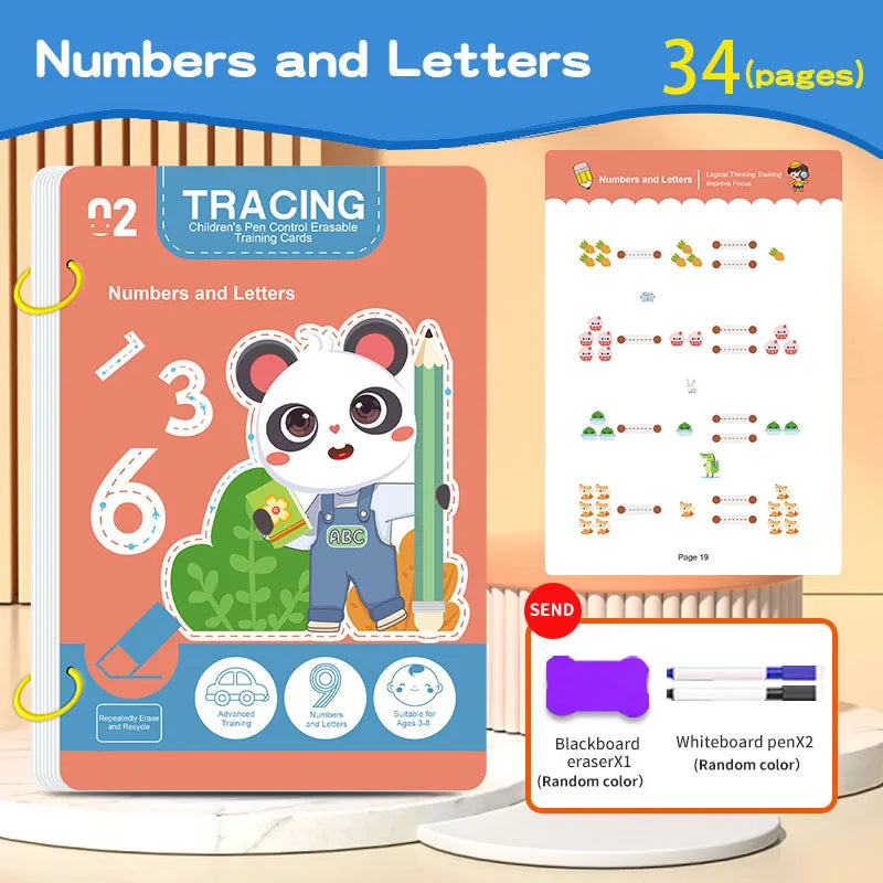 34-Page Reusable Children's Practice Book Set with Erasable Pen - Early Learning of Writing and Drawing Skills, Educational B