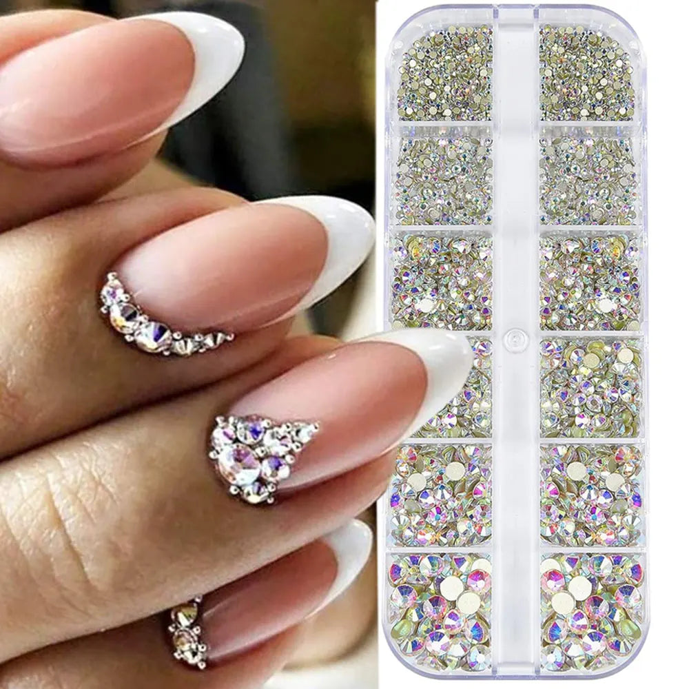 2400pcs+ Shiny Clear Crystal Gems Nail Rhinestones 1.5-4mm Mixed Round Glass Stone Flatback Nail Charms 12grids Nail Diamond 