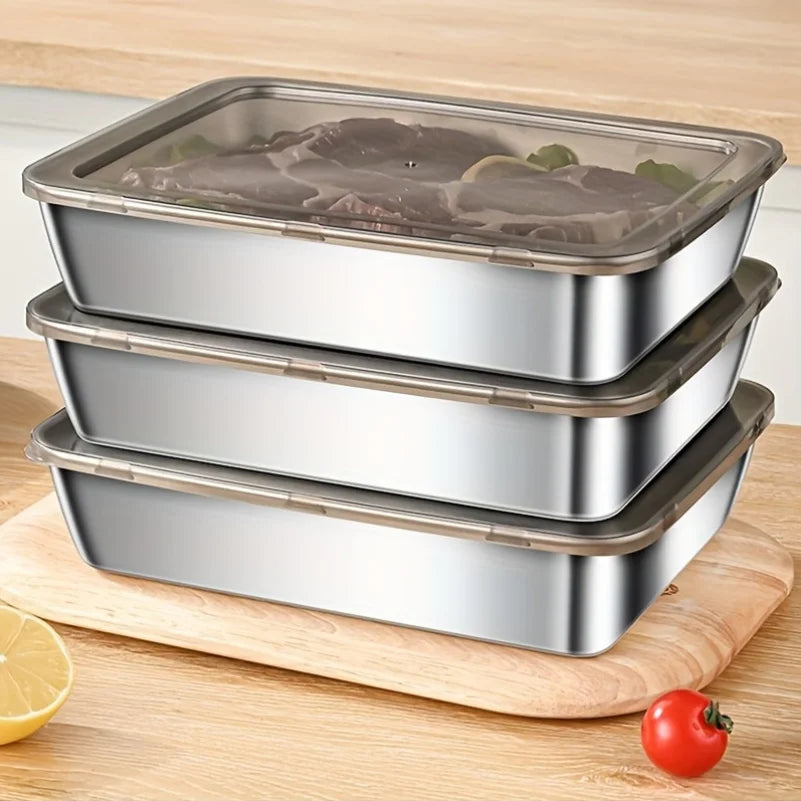 Stainless Steel Food Storage Container Rectangle Dish with Cover Noodles Fruit Tray Lunch Box Thick Refrigerator Organizer Pl