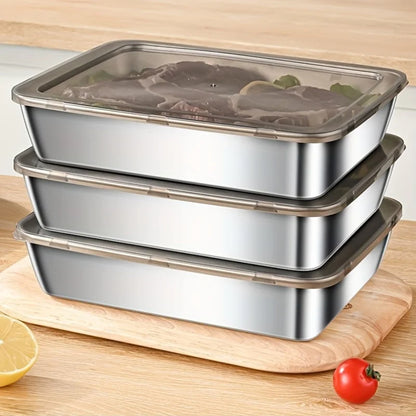 Stainless Steel Food Storage Container Rectangle Dish with Cover Noodles Fruit Tray Lunch Box Thick Refrigerator Organizer Pl