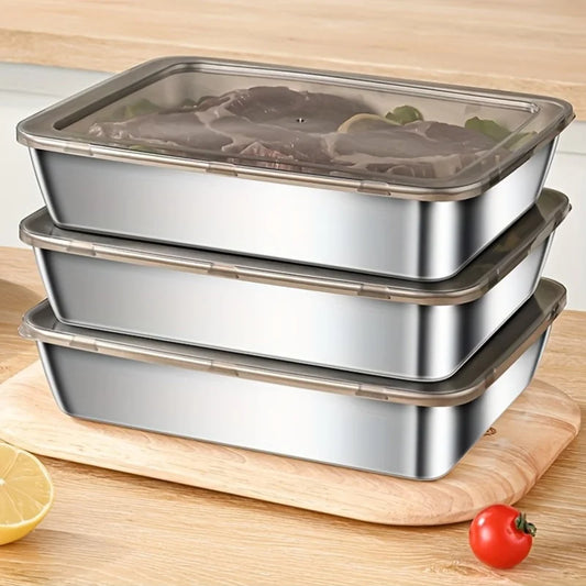 Stainless Steel Food Storage Container Rectangle Dish with Cover Noodles Fruit Tray Lunch Box Thick Refrigerator Organizer Pl