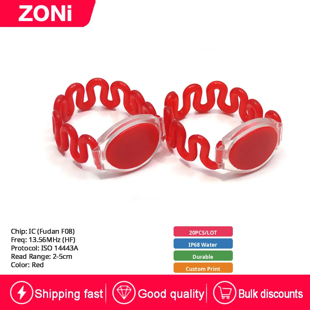 RFID IC ID Silicone Wristband Fudan F08 S50 M1 13.56MHz / TK4100 Chip 125KHz Waterproof Wrist Tag for Swimming & Foot Spa 20P