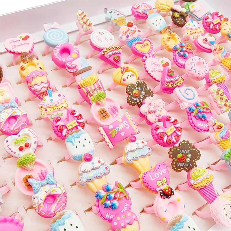 30/100pcs/Lot Wholesale New Cute Kids Finger Rings Party Pink Candy Ice Cream Donuts Cake Child Jewelry Open Adjust Gifts Gir