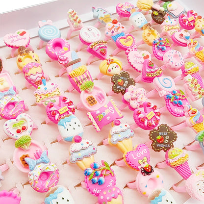 30/100pcs/Lot Wholesale New Cute Kids Finger Rings Party Pink Candy Ice Cream Donuts Cake Child Jewelry Open Adjust Gifts Gir
