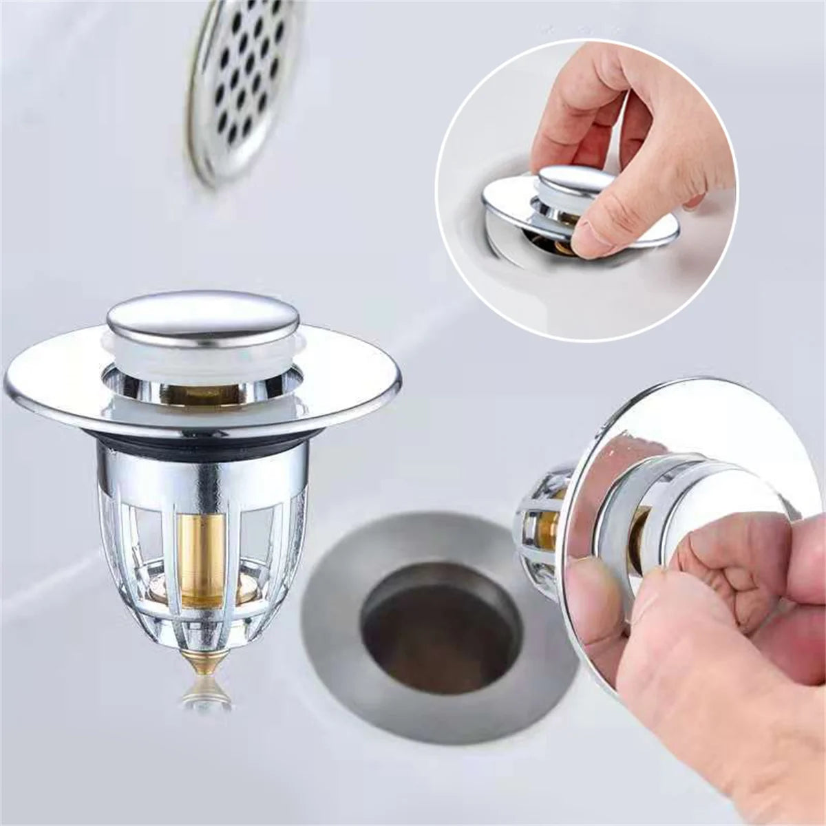 Universal Rebound Drain Plug Filter Basin Pop-up Chrome Sink Filter with Hair Catcher Bathroom Sink Drain Stopper Easy Push T