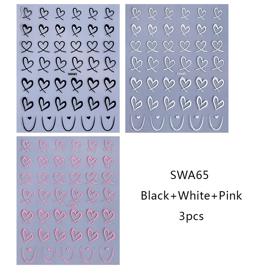 3pcs Valentine's Day Nail Art Stickers 3D Black White Pink Lines Love Heart Nail Decals DIY Adhesive Slider Manicure Decorati