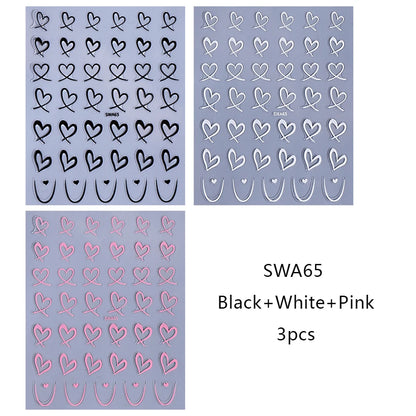 3pcs Valentine's Day Nail Art Stickers 3D Black White Pink Lines Love Heart Nail Decals DIY Adhesive Slider Manicure Decorati