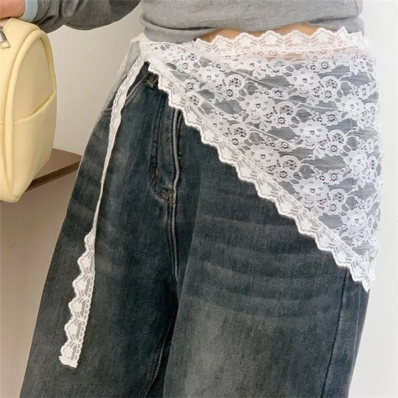 Women's Lace Trim Triangle Short Skirt Korean Style Stacked Half Skirt Small Apron Butt Curtain Soft Chiffon Fashion - white